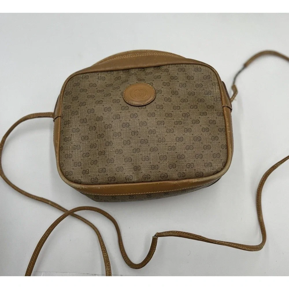 GUCCI Vintage Micro GG Tan Brown Canvas Shoulder Bag PVC‎ Leather Crossbody
